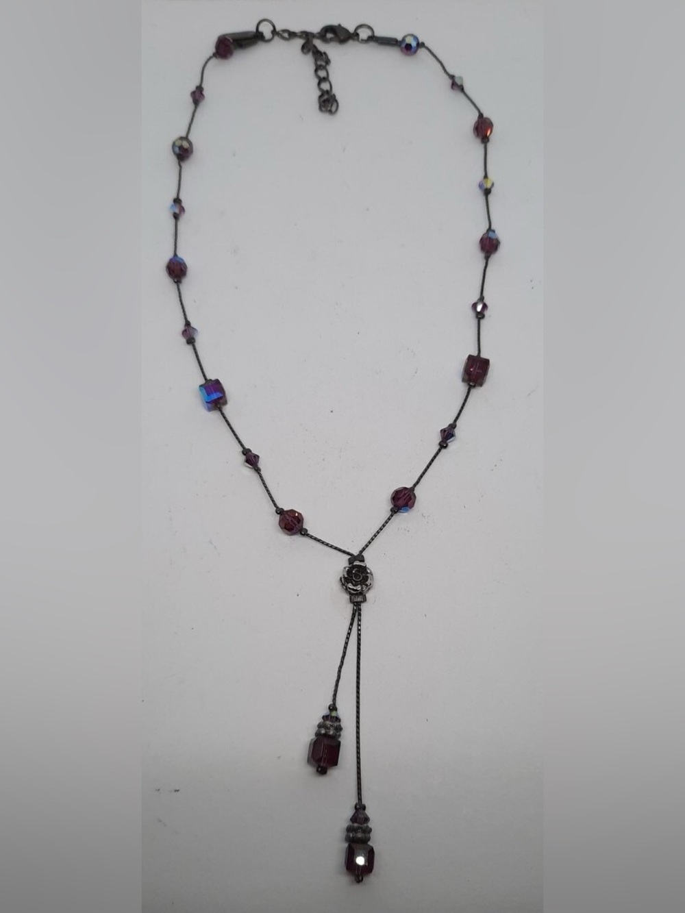 Vintage Dabby Reid Purple AB crystal Beaded Lariat Necklace with Floral Drop 16”